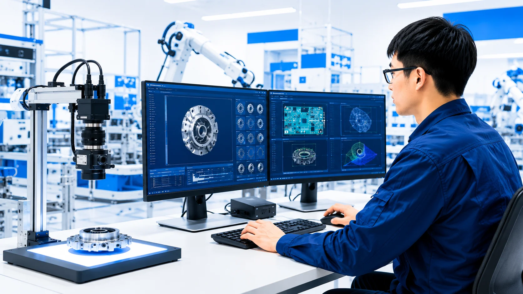 Robot công nghiệp gắn camera Vision kiểm tra bo mạch PCB với đèn ring-light