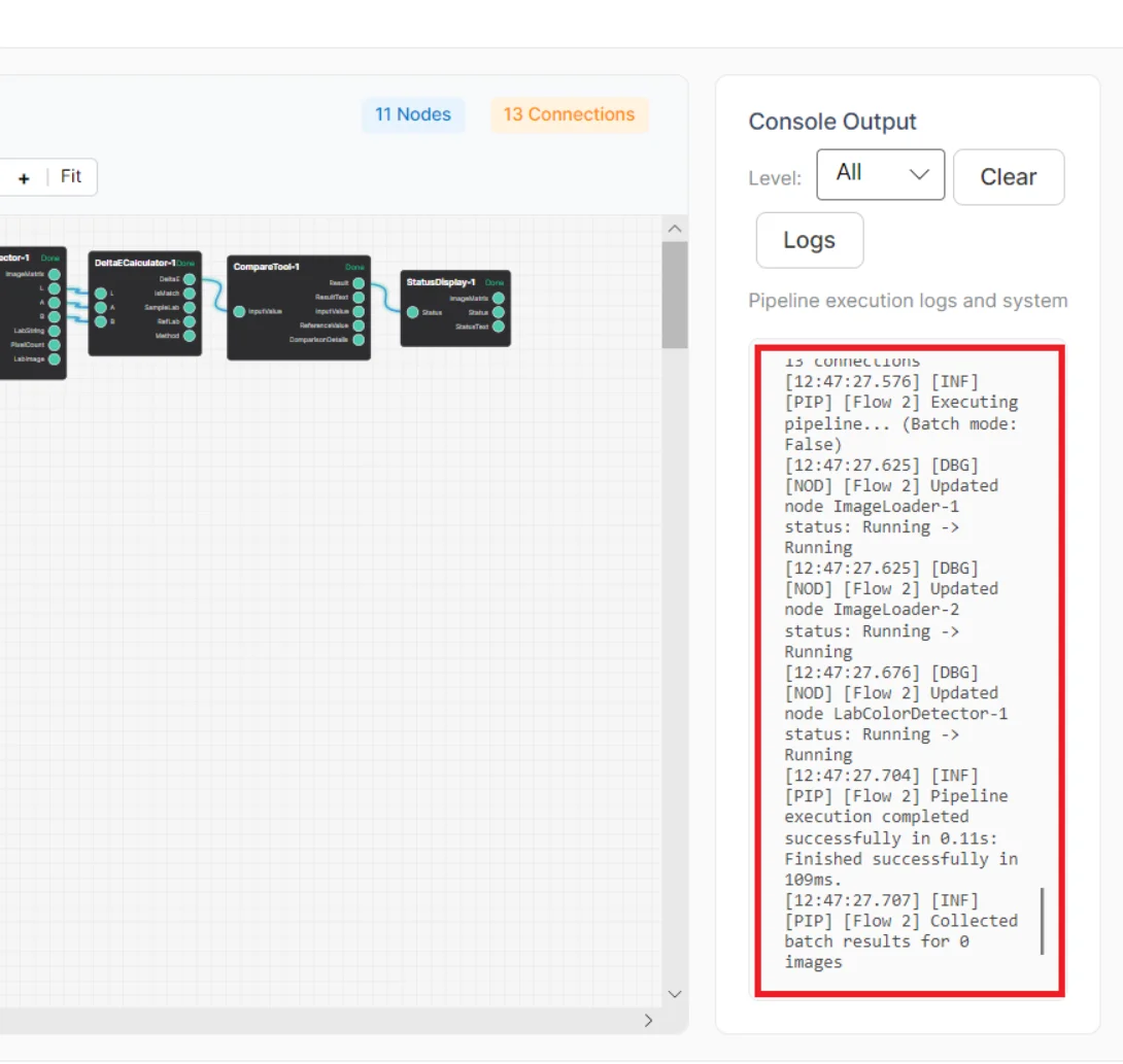 Giao diện VisionFlow — CONSOLE LOG & SYSTEM LOG